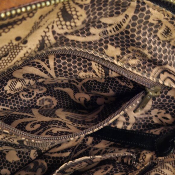 Brighton Black Pebbled Leather 6 pocket Messenger Bag. 12" x 12". Fuax Croc Trim - Picture 3 of 9